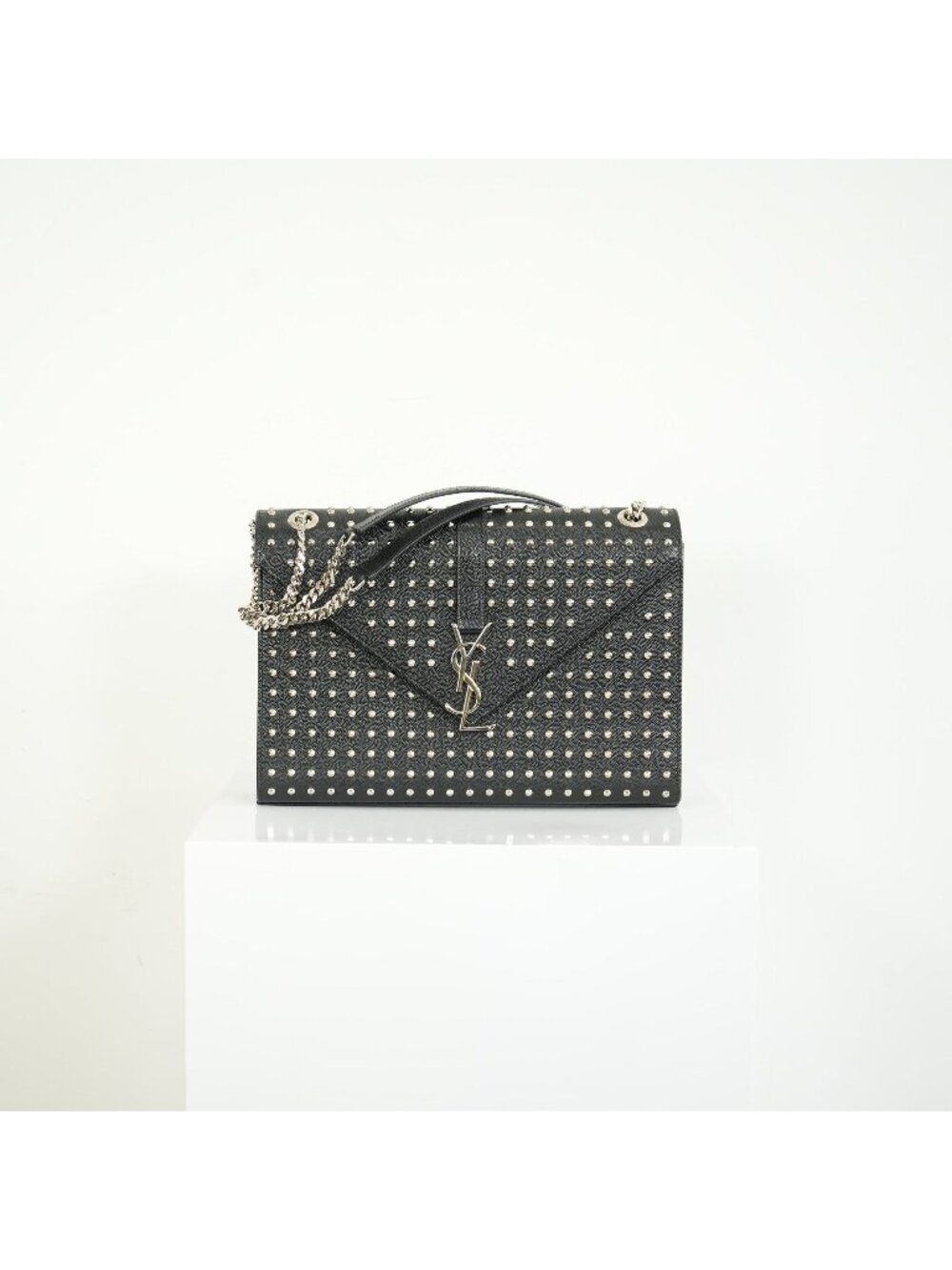 Saint Laurent YSL Black Studded Leather Envelope Bag Silver Hardware